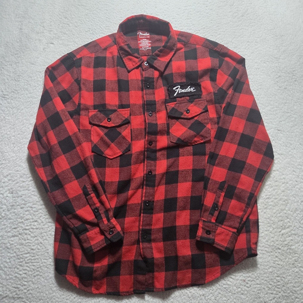 Fender Flannel Shirt Mens XL Red Black Buffalo Plaid Long Sleeve Button Down